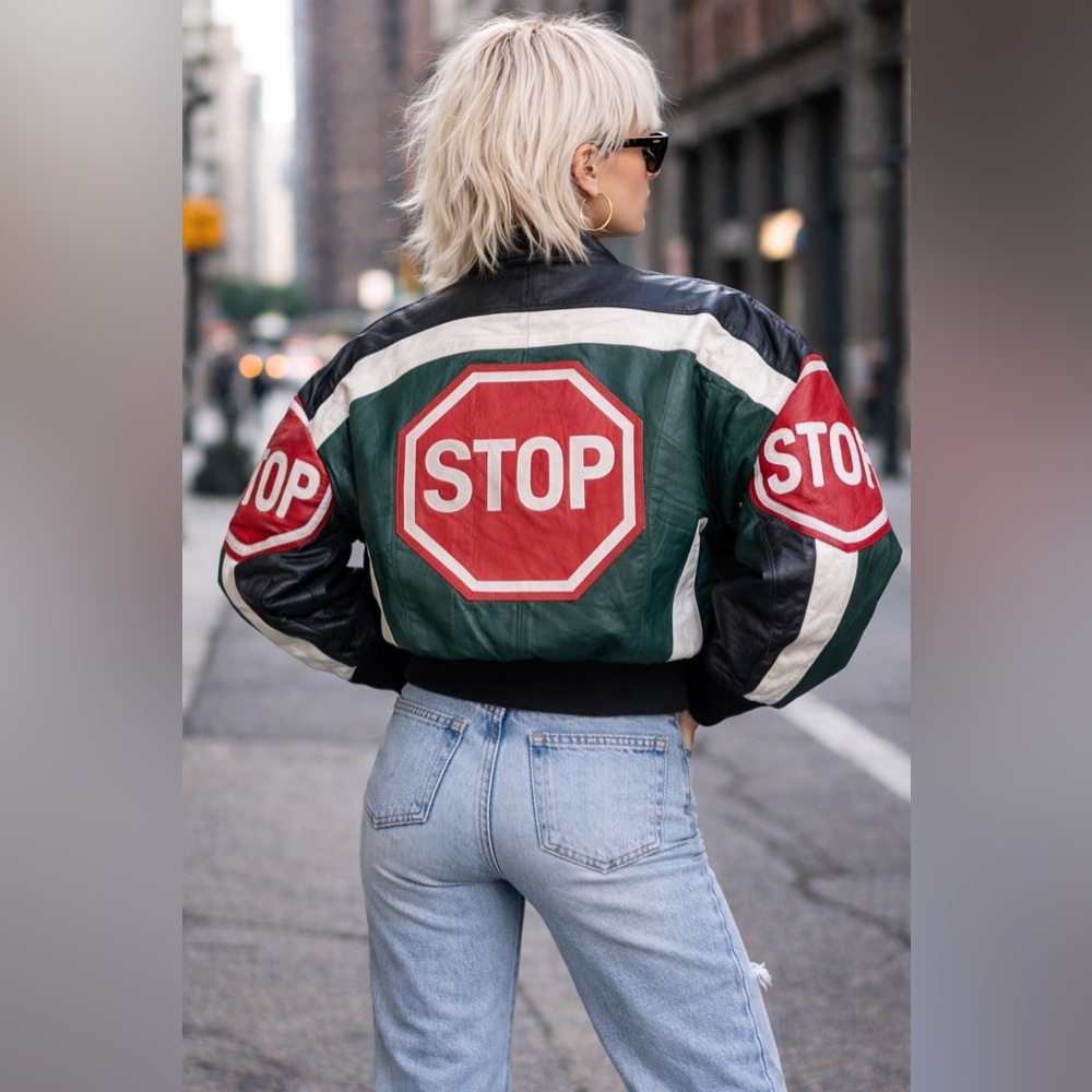 Rare Vintage 80s Phase 2 Leather “STOP Sign” Bomber Jacket